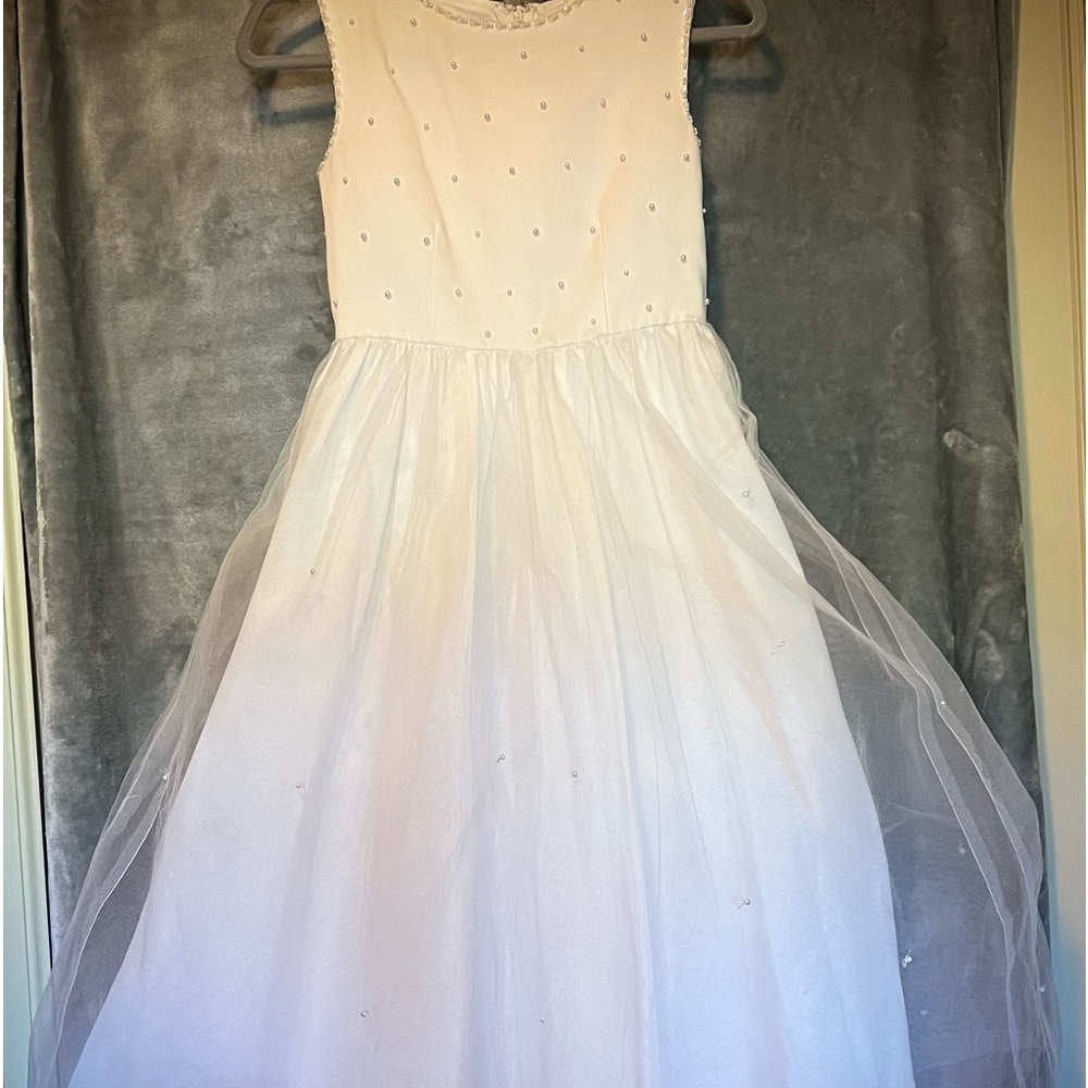 Girls White Dress with Pearl Accents